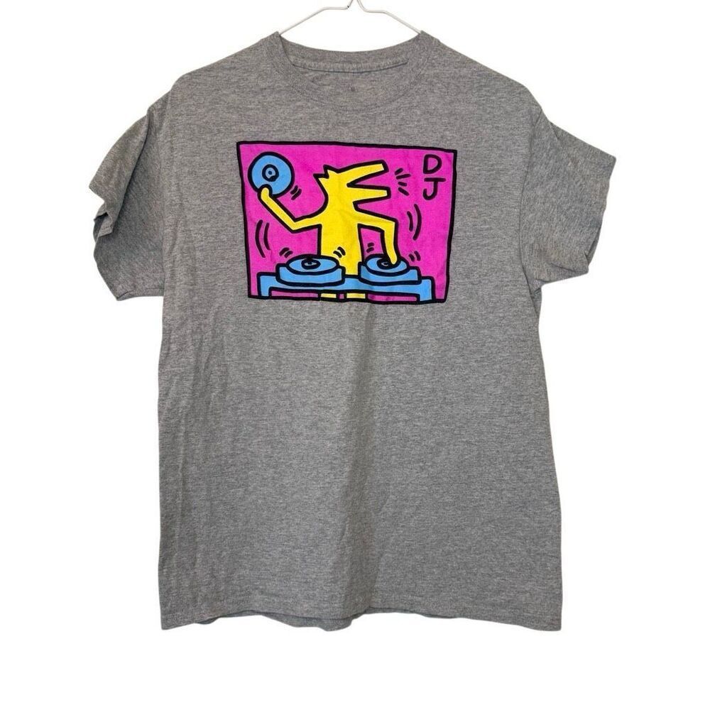 Keith Haring DJ Dog Crew Neck Cotton Blend Short Sleeve T-Shirt Gray Medium